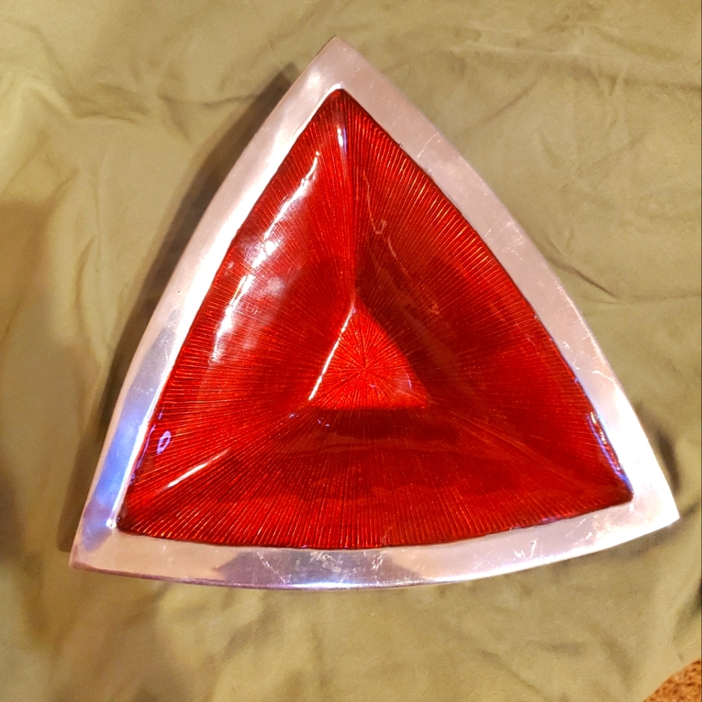 Vintage MCM Red Enamel Antique Silver Triangular Bowl 12” Heavy